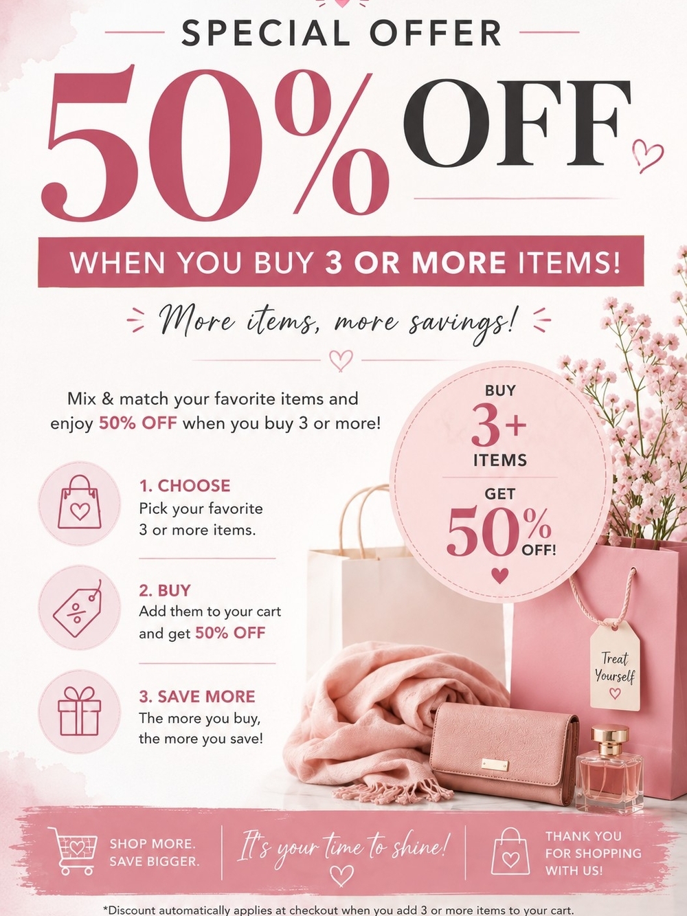 50% Off Promotional Poster - Pink Floral Shopping Graphic